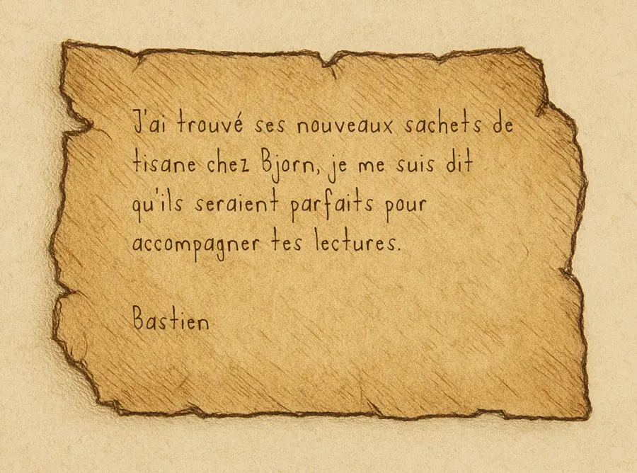 Mot de Bastien trouvé dans la boîte de sachets d'herbes pour tisane